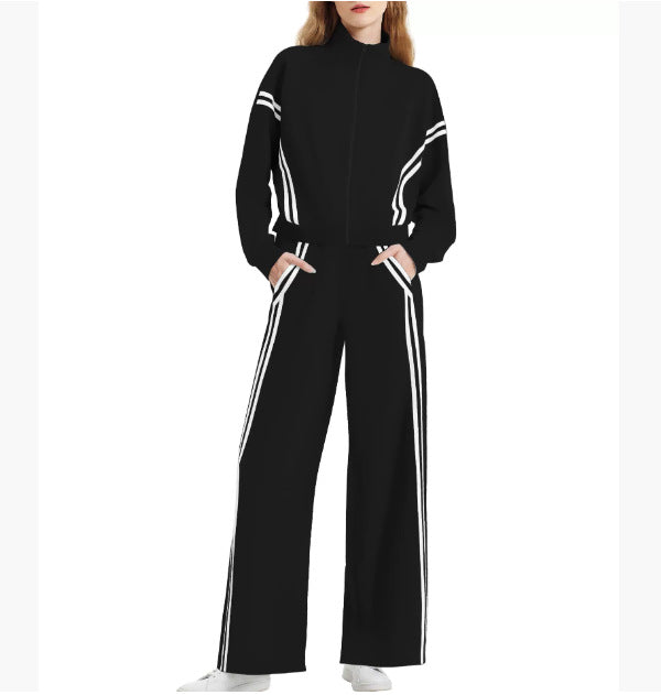 Wear Zipper Sports Contrast Color Striped Wide Leg Jogger Travel Fashion Casual Suit