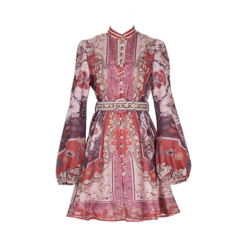 Design High Version Single-breasted Stand-up Collar Puff Sleeve Dresses