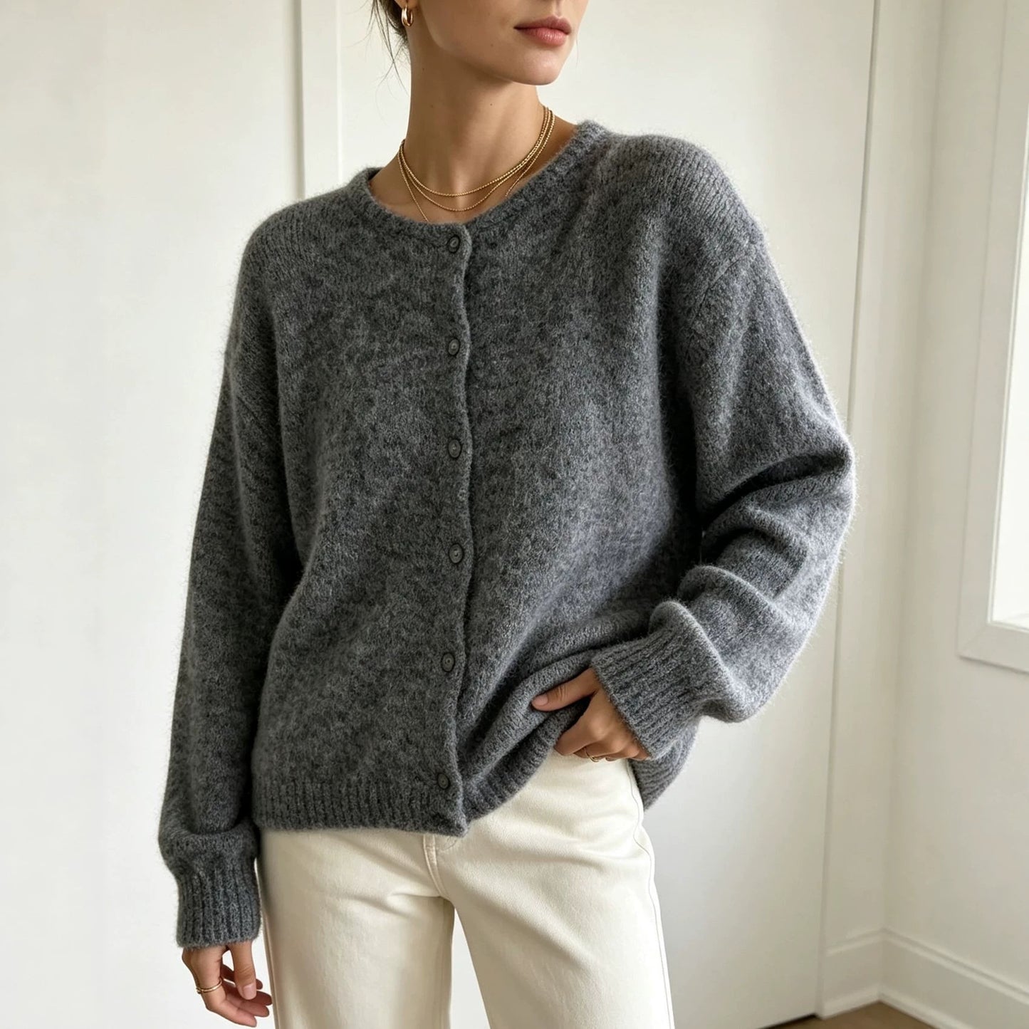 Women's Single-breasted Round Neck Soft Solid Color Furry Women's Sweater