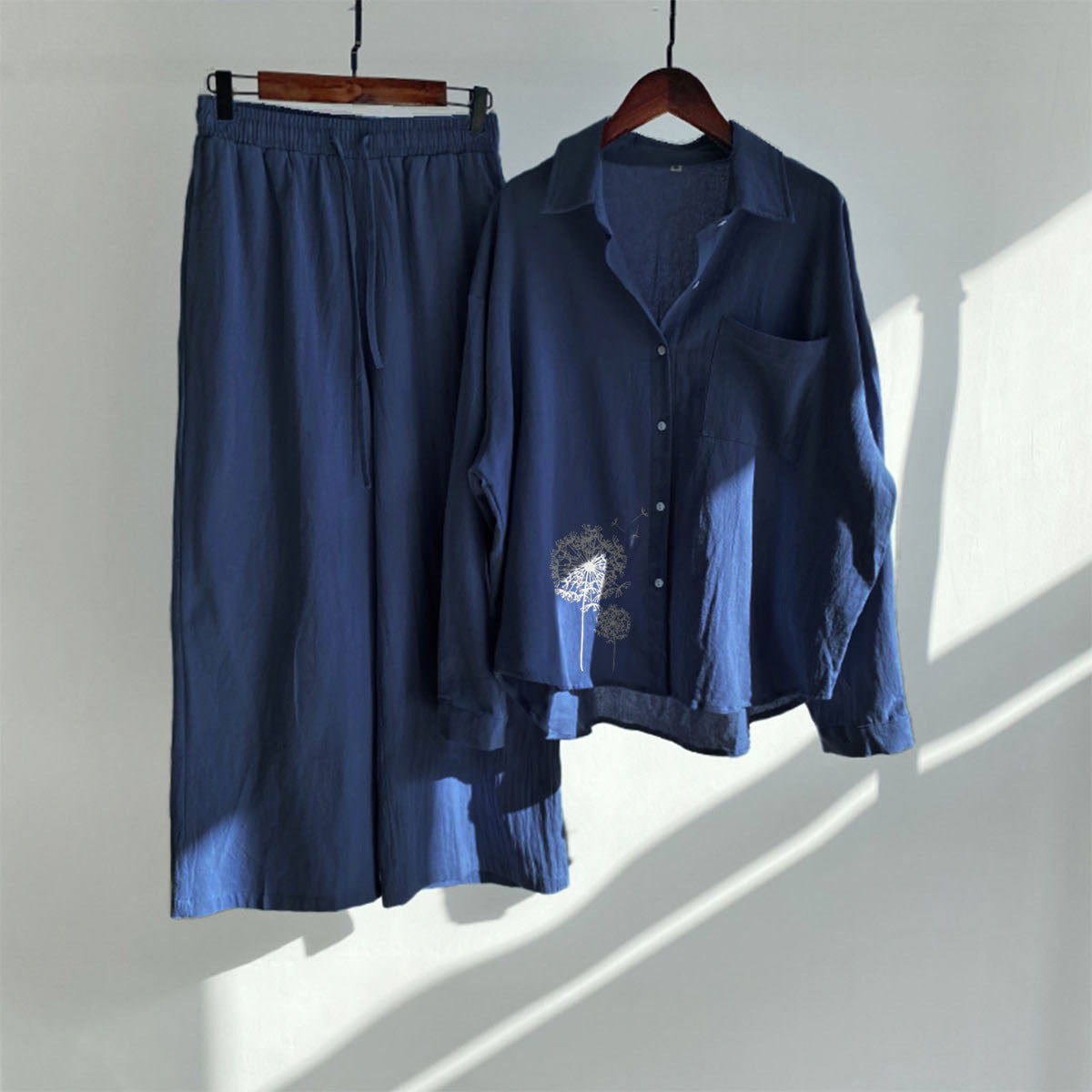 Women's Cotton Linen Shirt Wide Leg Printed Fashion Casual Suit