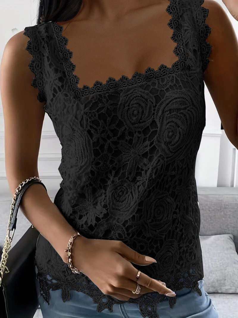 Summer Square Collar Lace Sleeveless T-shirt Blouses