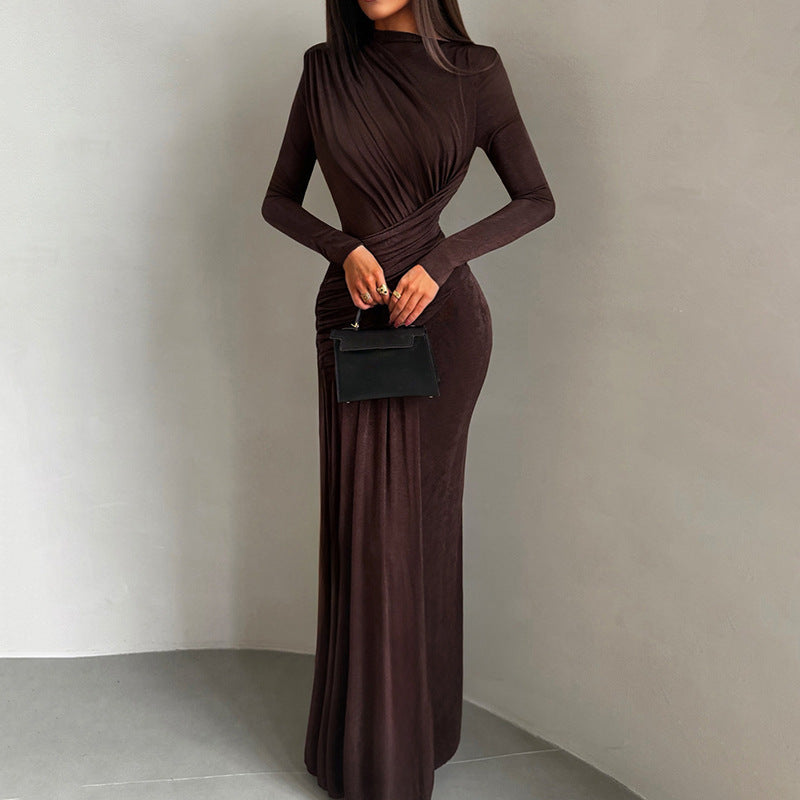 Winter Fashion Solid Color Round Neck Long Sleeve Pleated Elegant Dress