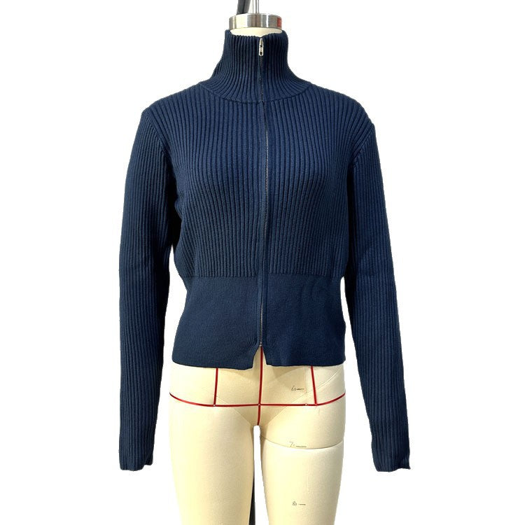 Women's Fashionable Knitted Zipper Slim Lapel Tops