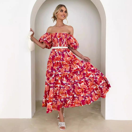 Women's Summer Puff Sleeve Holiday Slim Looking Long Dress Hot Dresses