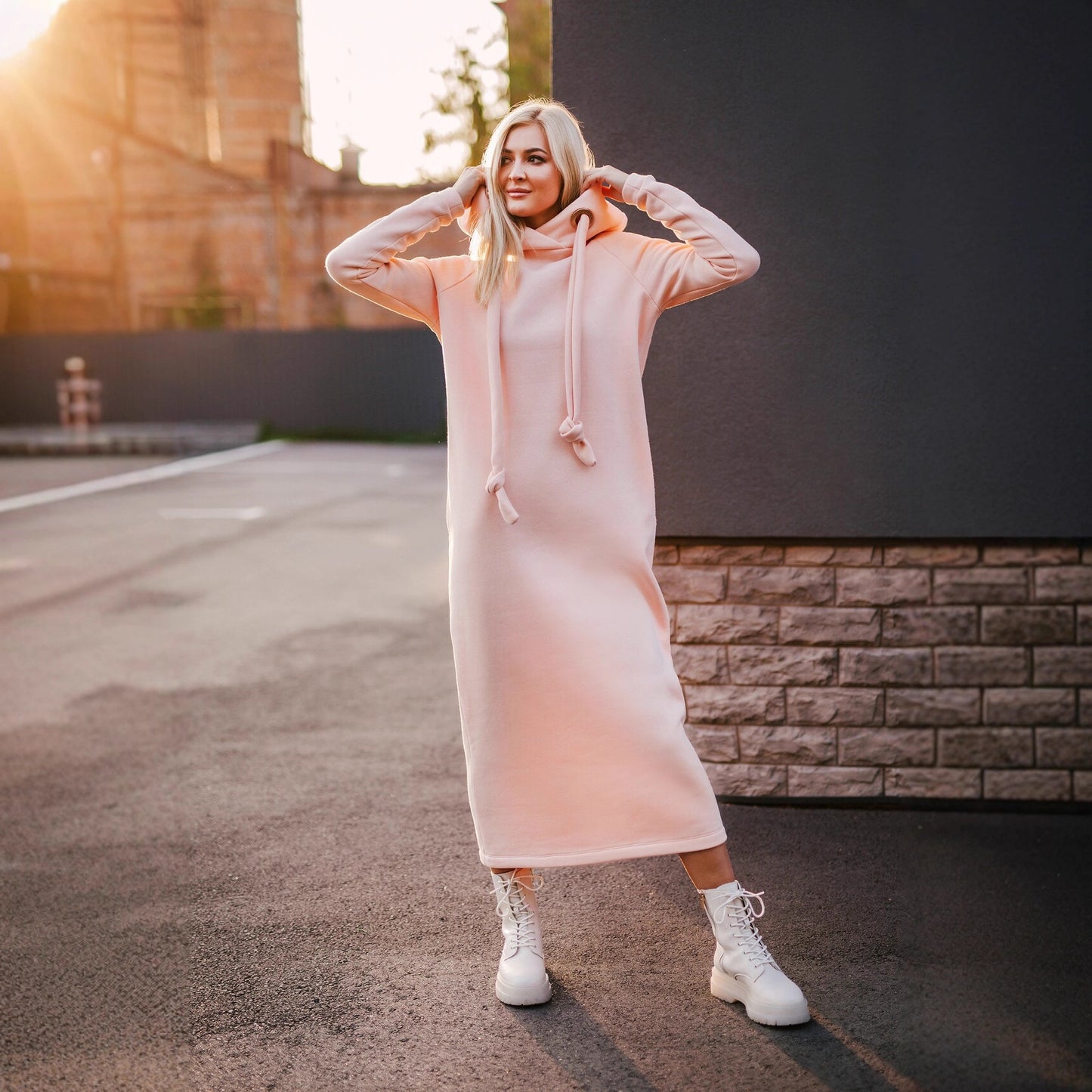 Oversized Knit Hooded Brushed Hoody Casual Fashion Stitching Dress