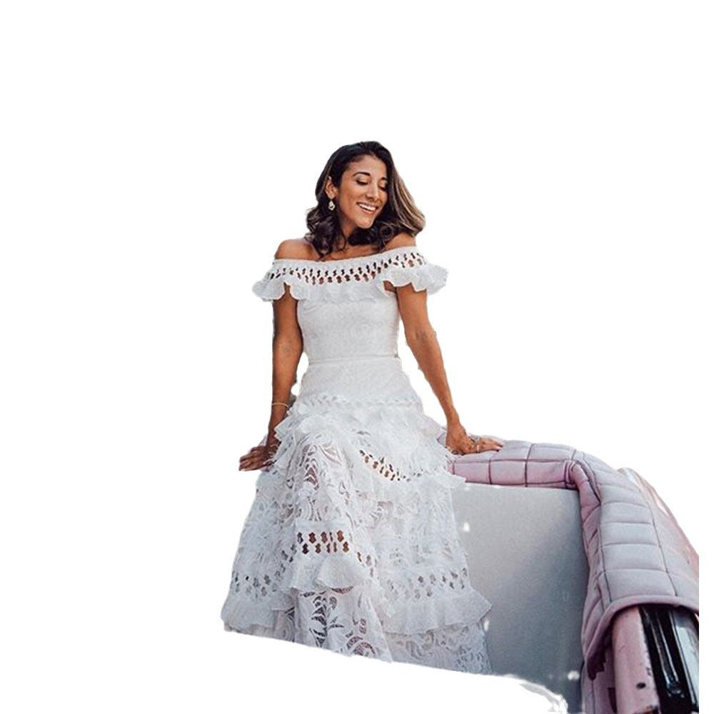 Women's Ruffled Hollow White Wide Hem Lace Dresses