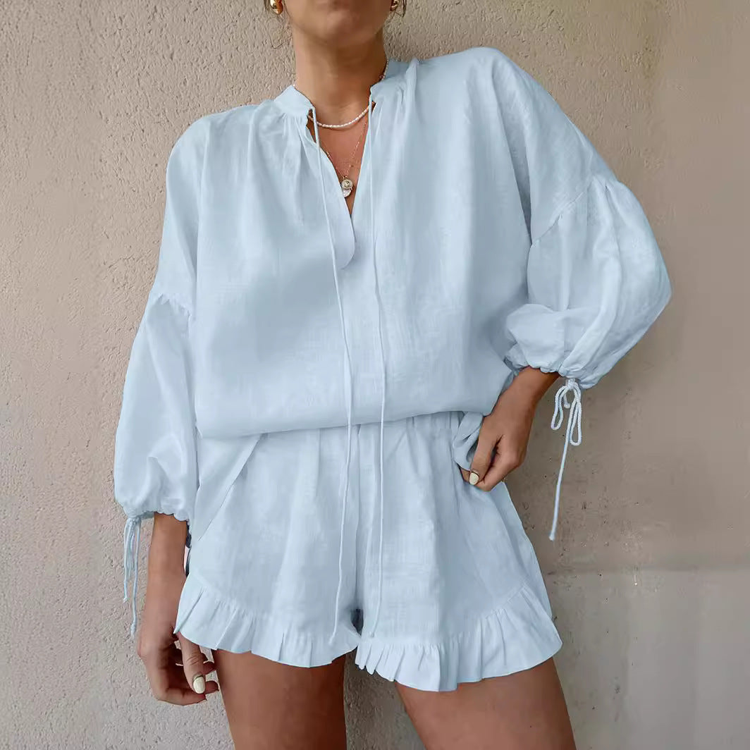 Linen Solid Color Loose Lantern Sleeve Two-piece Summer Suits