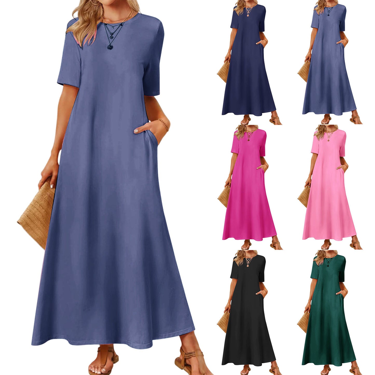 Women's Solid Color Round Neck Pocket Sleeve Dress