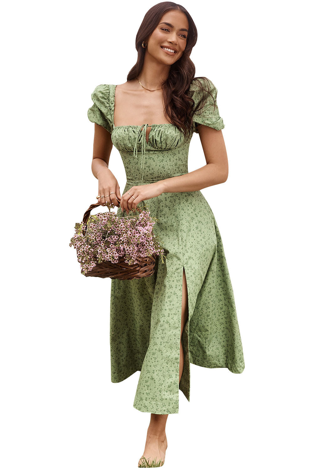 Summer Fashion Puff Sleeve Floral Split Maxi Dresses