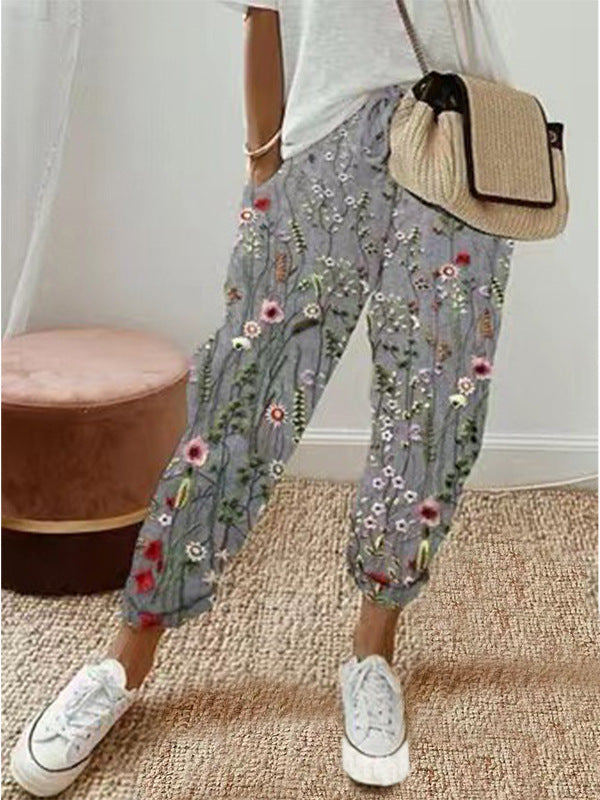 Women's Printed Cotton Linen Casual Trousers Pants