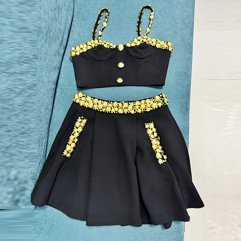 Spring Fashionable Golden Fastener Decoration Camisole Mid-length Dress Fashion Casual Suit