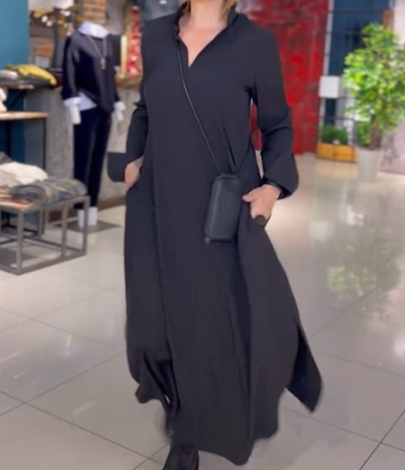 Women's Casual Solid Color Long Sleeve Pocket Dresses