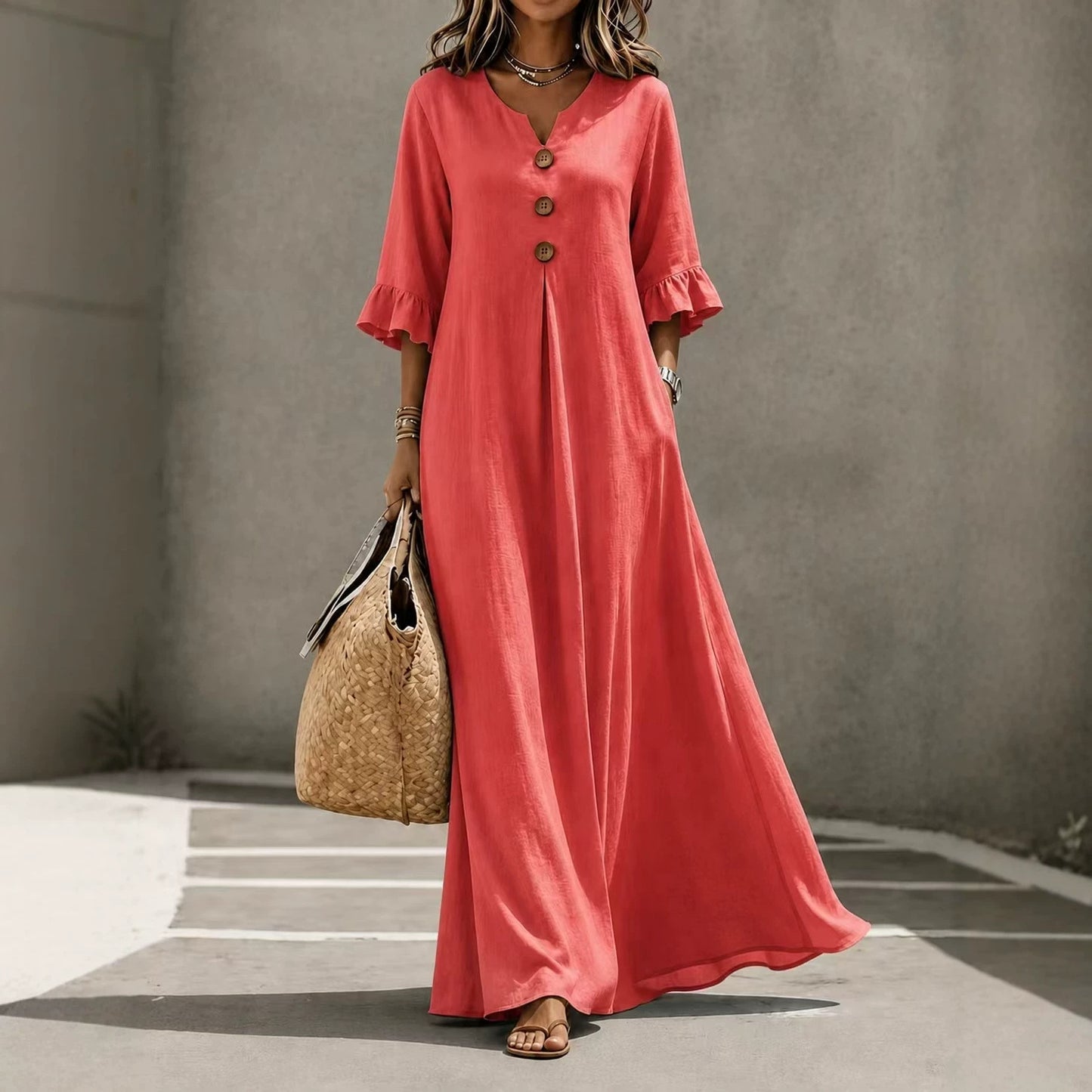 Women's Lotus Leaf Sleeve Pocket Long Fashion Dress