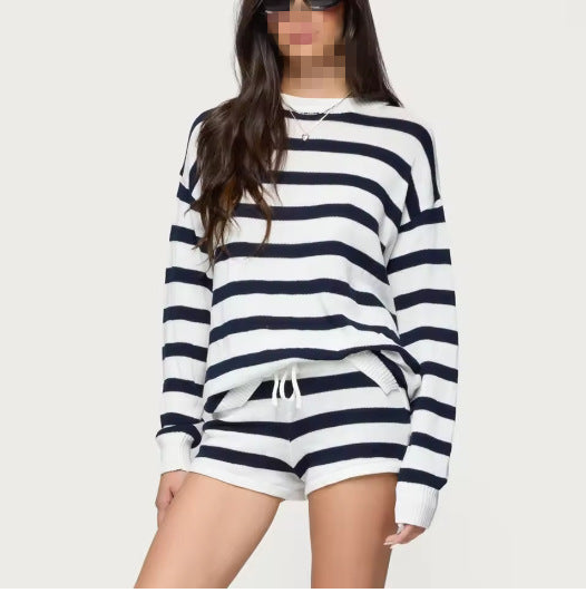 Round Neck Long Sleeve Knitted Drawstring Suits