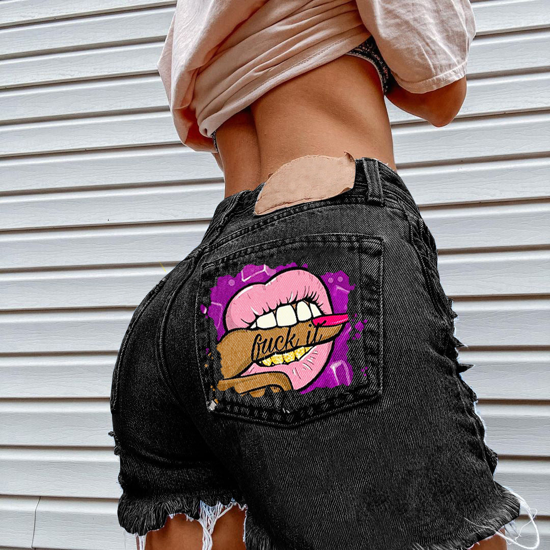 Women's Mouth Bite Finger Printed Fashion Holes Jeans