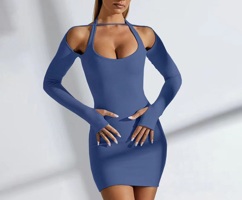 Women's Solid Color Sexy Long-sleeved Halter Sheath Dress