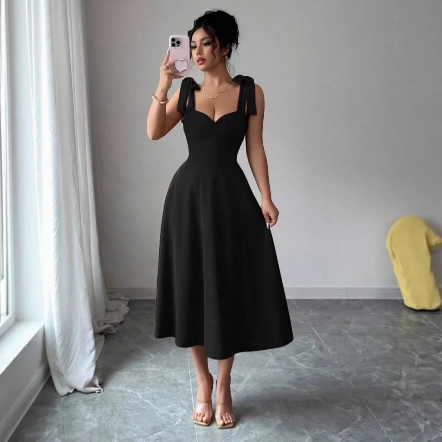Summer Solid Color Suspender Waist Slimming Elegant Dress
