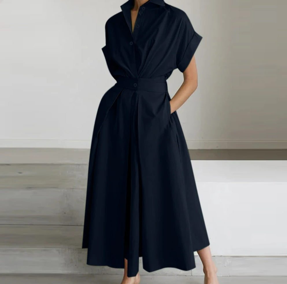 Solid Color Cotton Linen Elastic High Dress