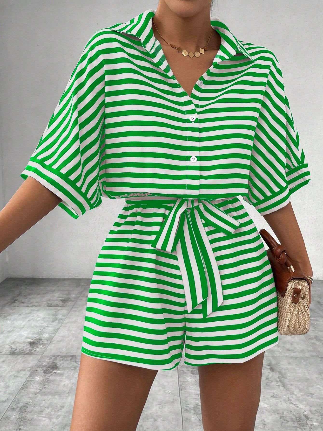Women's Striped Lapel Button Half Sleeve Belt Jumpsuits