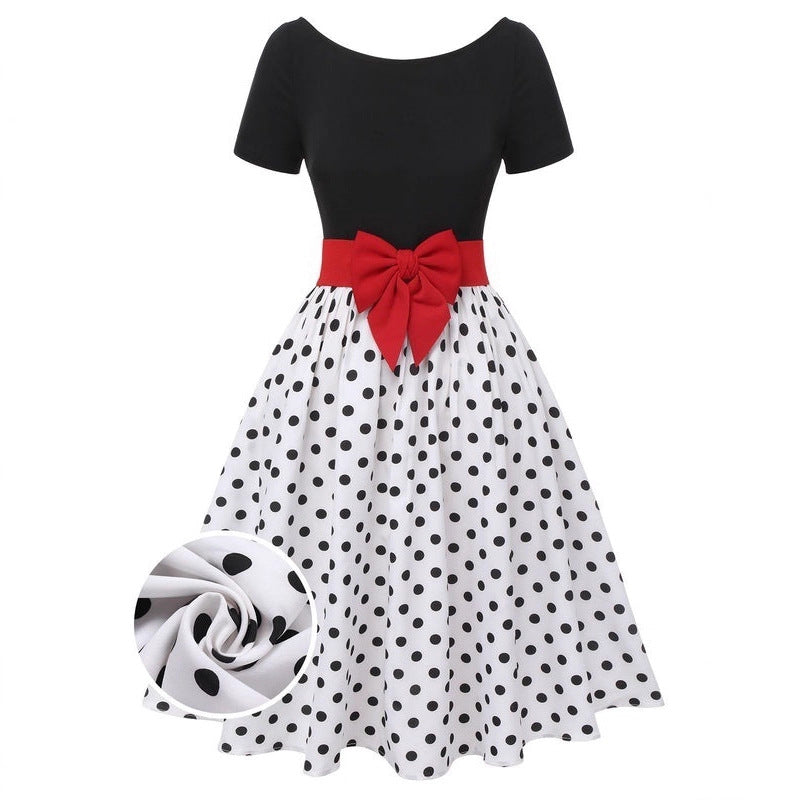 Women's Retro Round Dot Red Bow Waist Midi Sleeve Dress