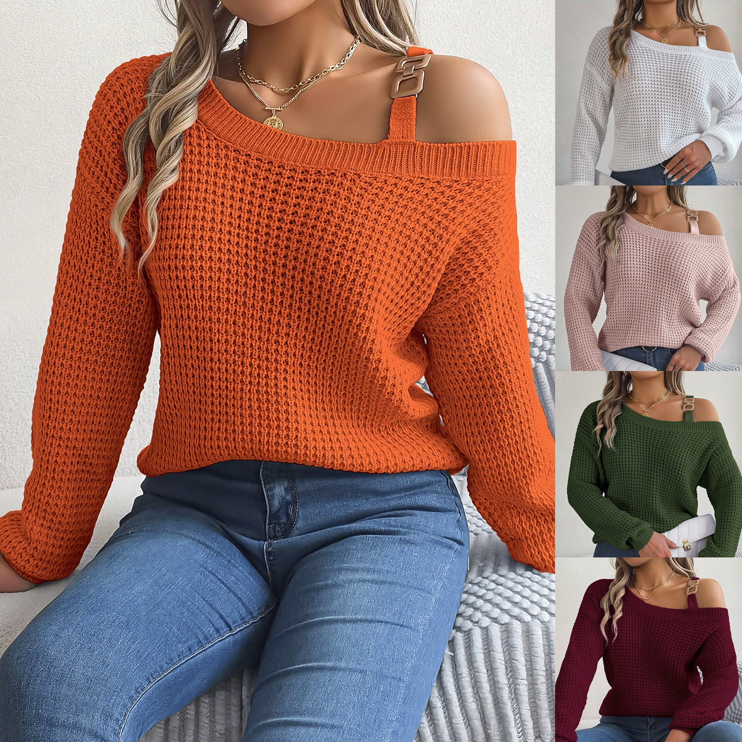 Women's Casual Metal Buckle Lantern Sleeve Pullover Clothing