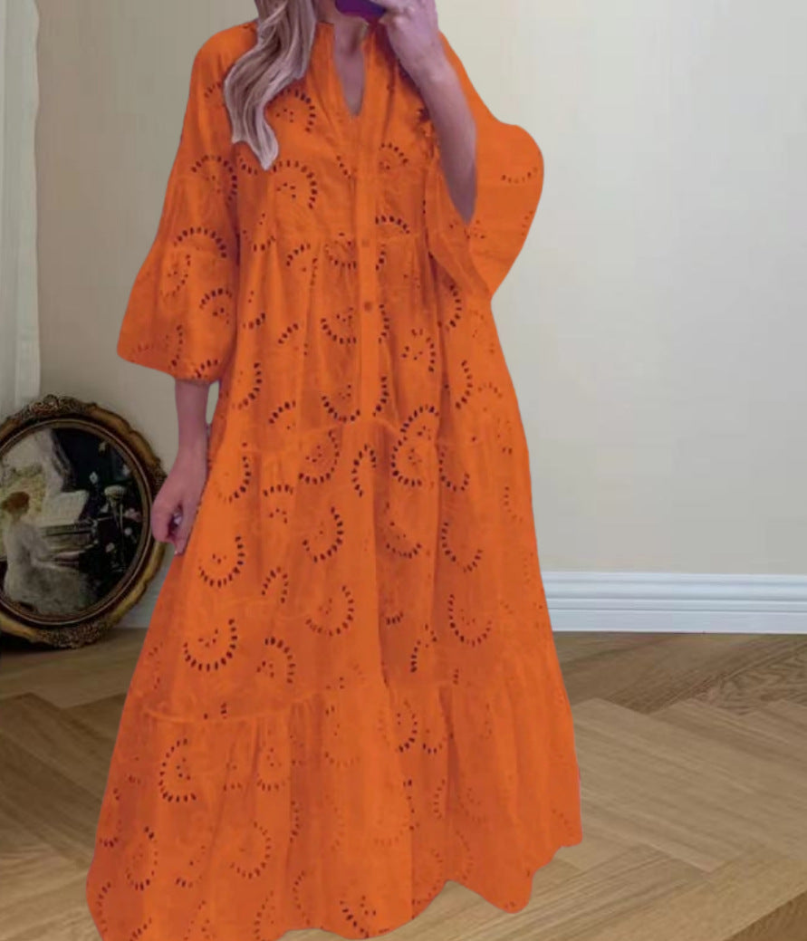 Women's Elegant Puff Sleeve Solid Color Hollow Loose Dresses