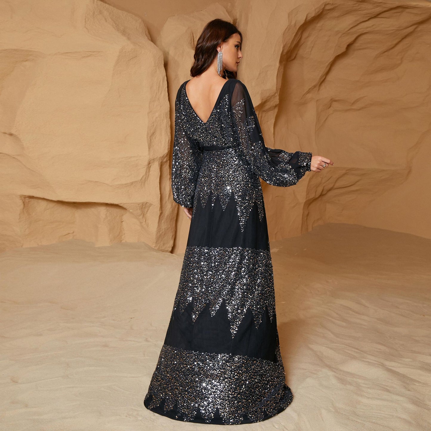 Women's French Style Long Dress Sleeve Sequined Dresses