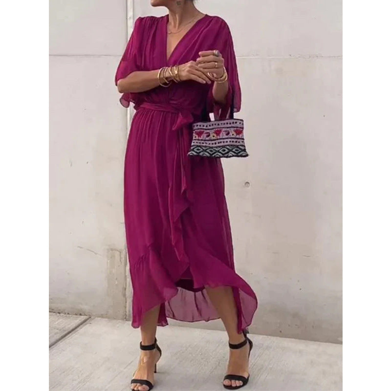 Women's Pure Color Tied Long Batwing Sleeve Dress