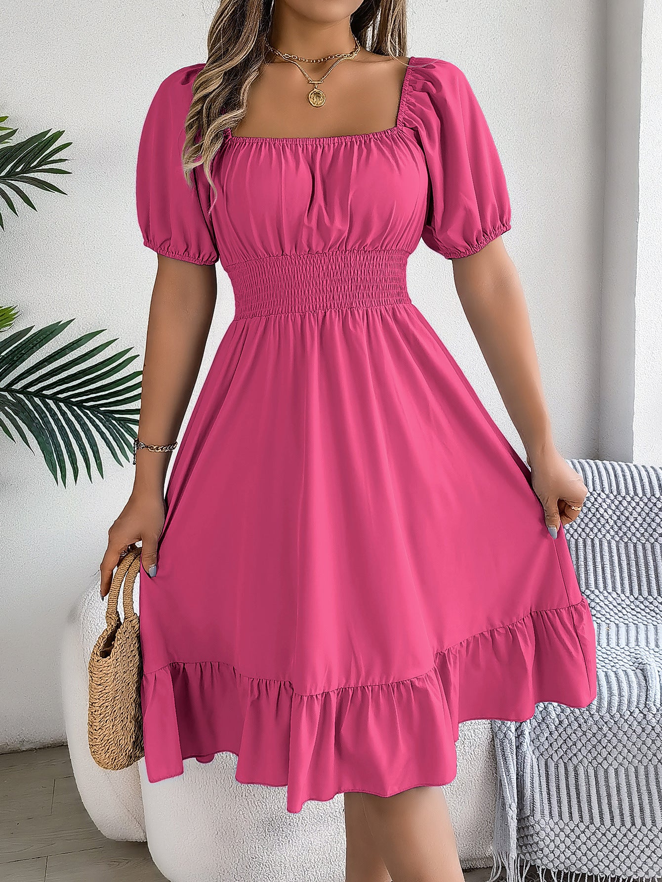 Women's Casual Square Collar Sleeve Waist Trimming Ruffles A- Dress