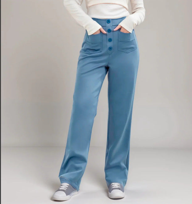 Fashion Casual Straight High Belt Buckle Elastic Pants