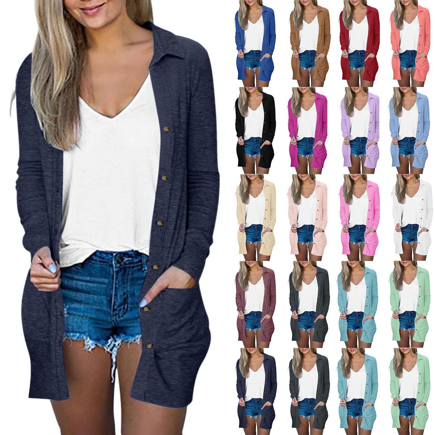 Women's Button Double Pocket Solid Color Casual Polo Collar Long Cardigans