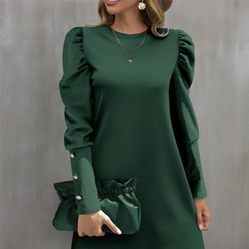 Women's Solid Color Round Neck Bubble Long Dress