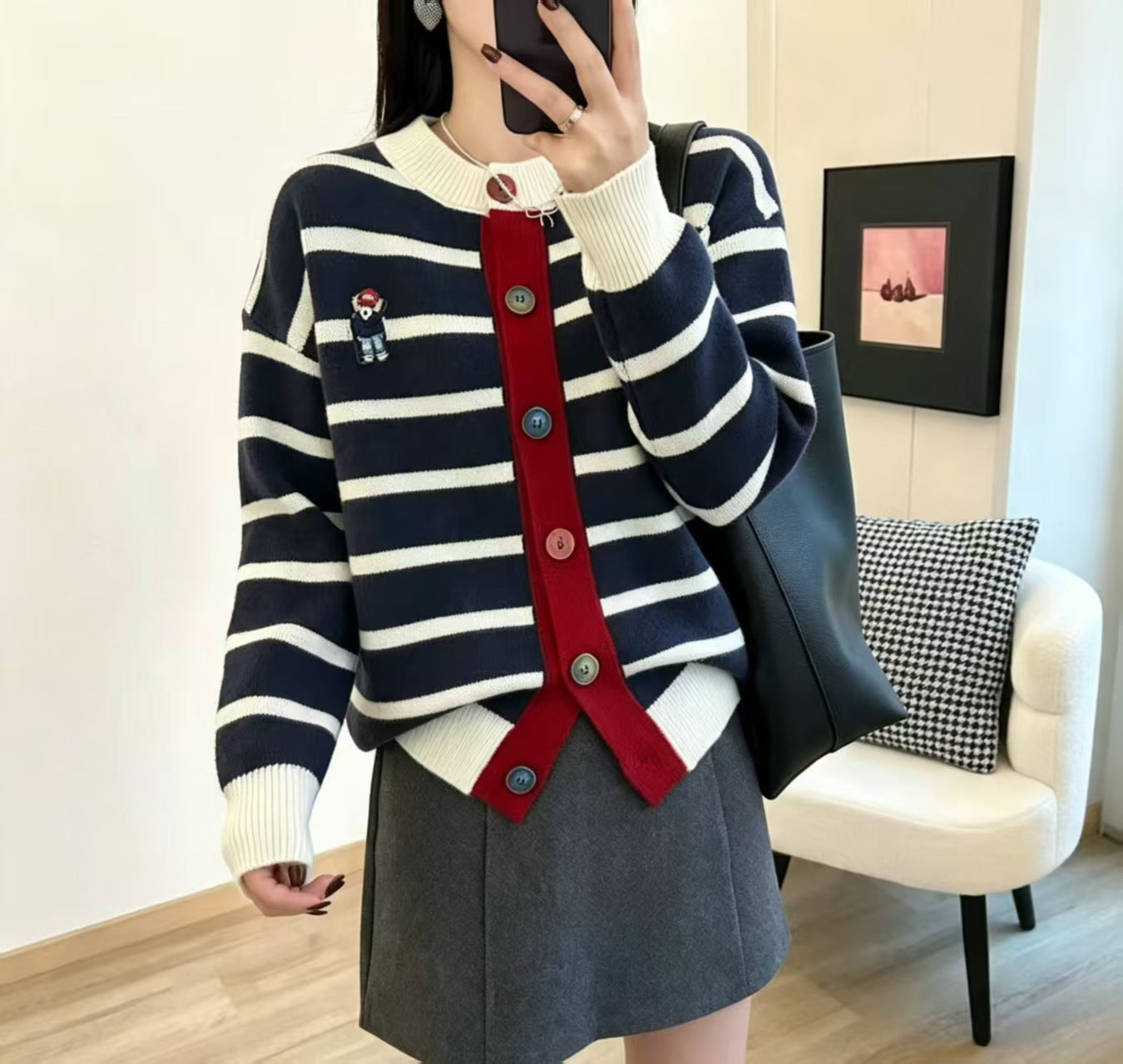 Women's Contrast Color Loose Round Neck Knitted Women's Sweater