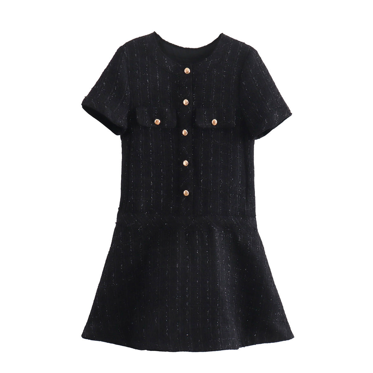 Women's Pocket Round Neck Textured Sleeve Dress Dresses