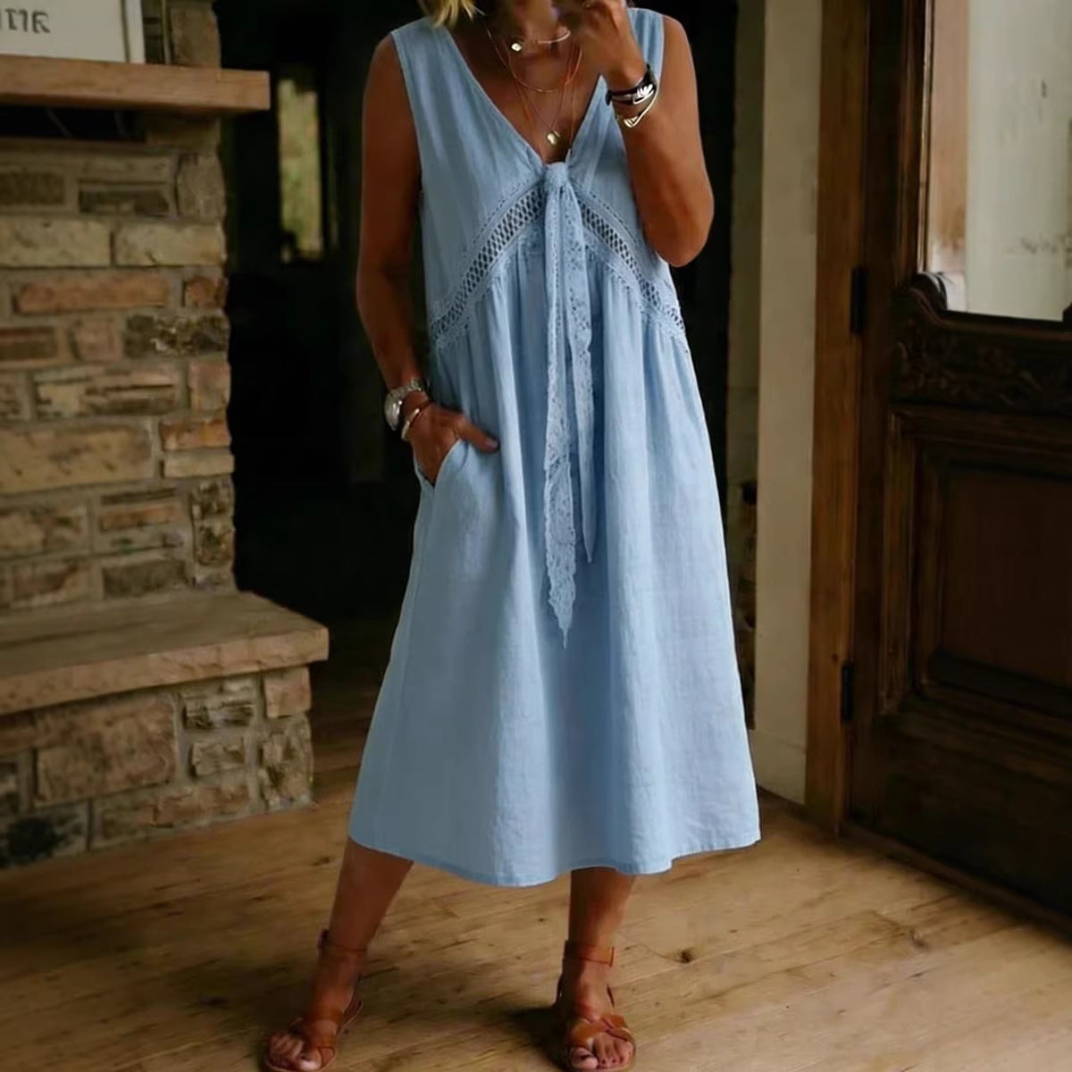 Women's Linen Pure Color Cotton Sleeveless Dress