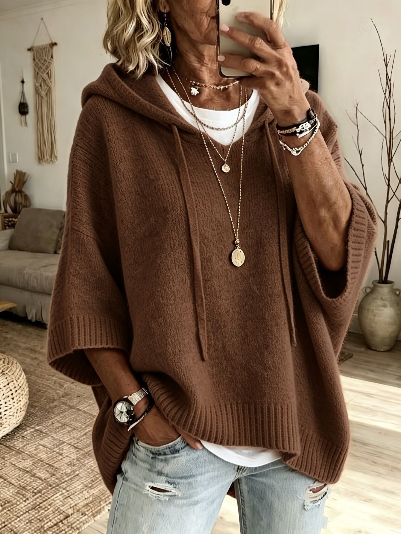 Women's Knitted Hooded Drawstring Woolen Outer Wear Sweaters