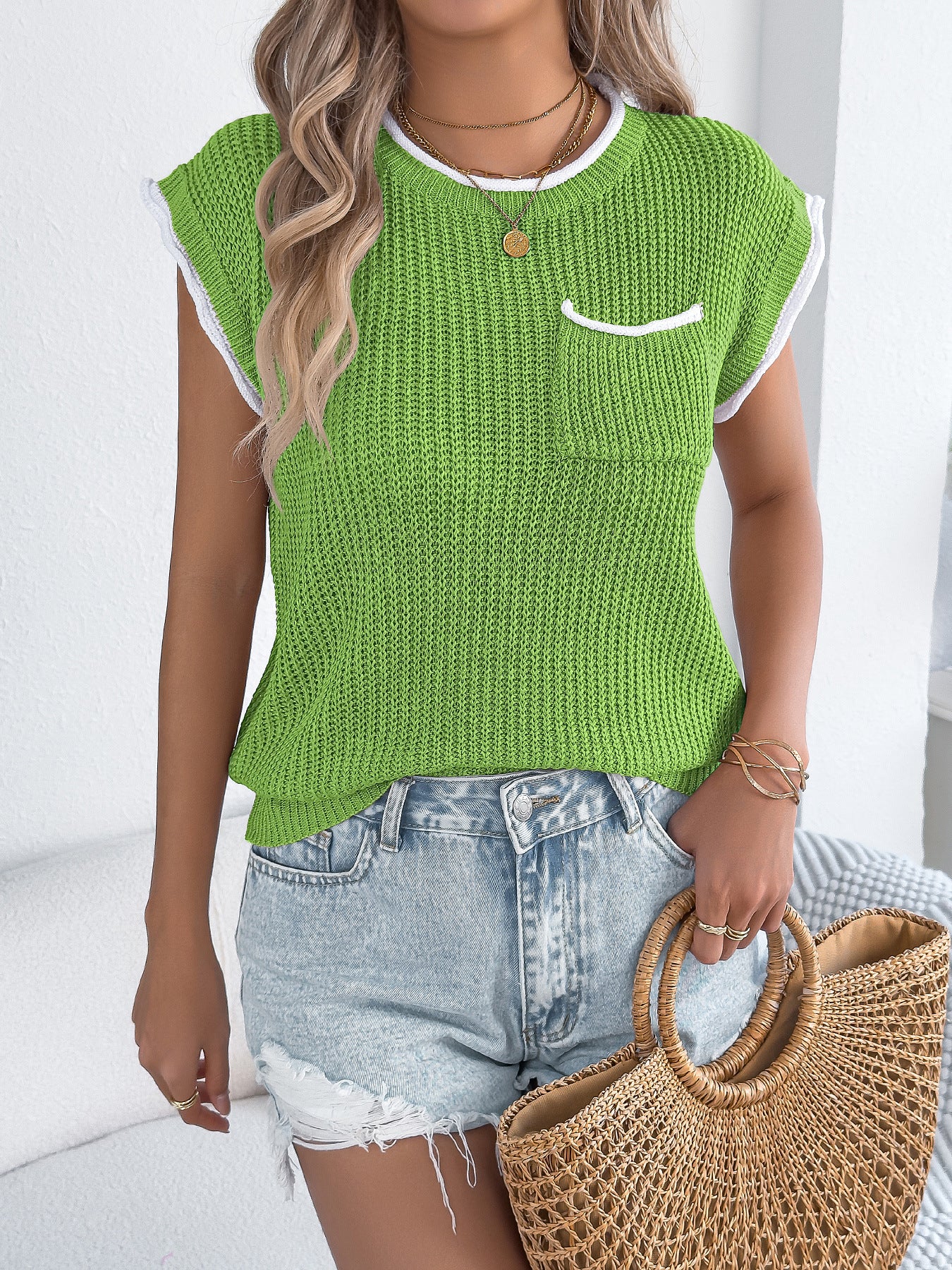 Women's Color Matching Pocket Batwing Sleeve Casual Clothing