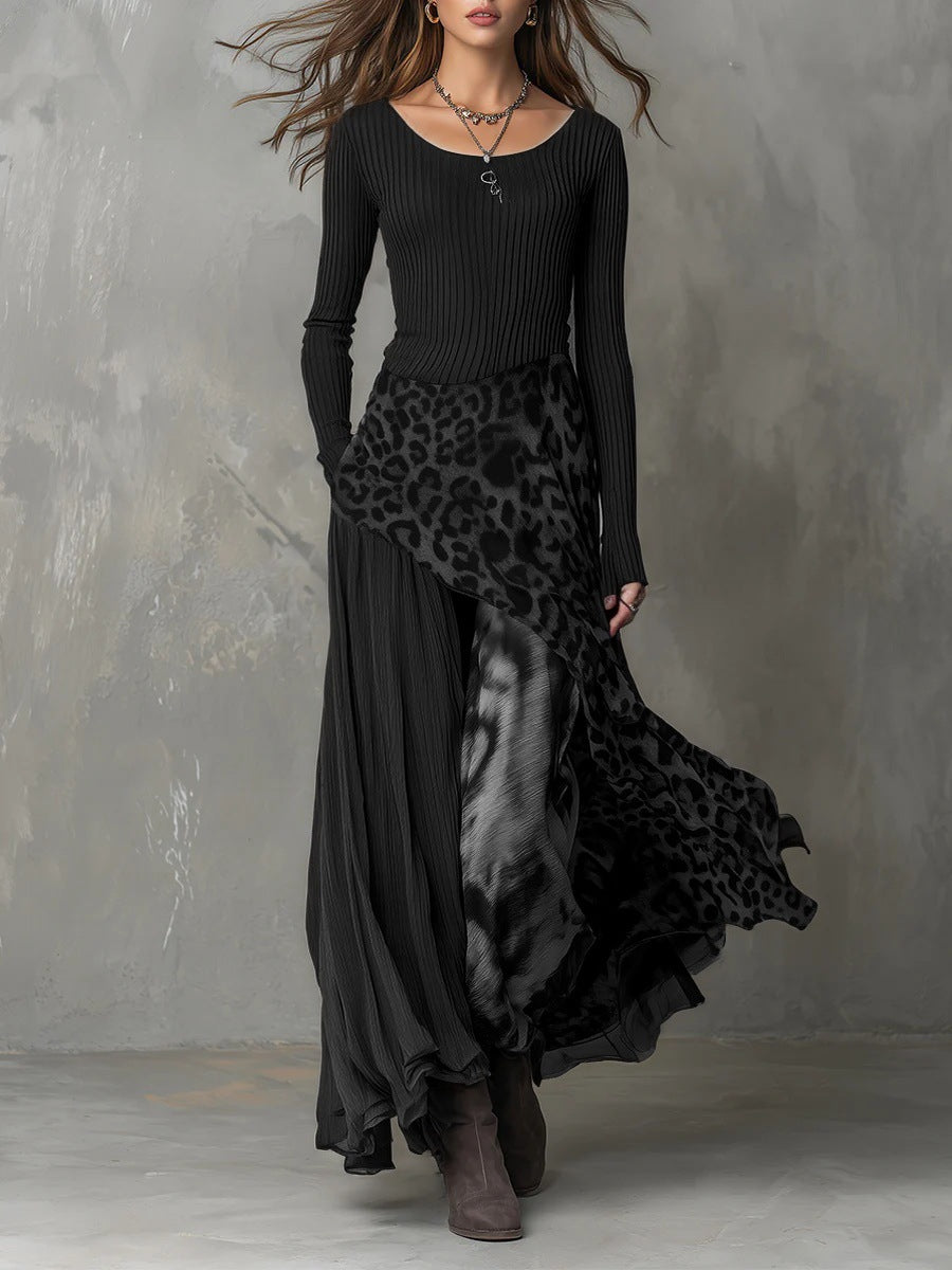Stitching Leopard Print Elastic Waist Long Sleeve Big Hem Dress