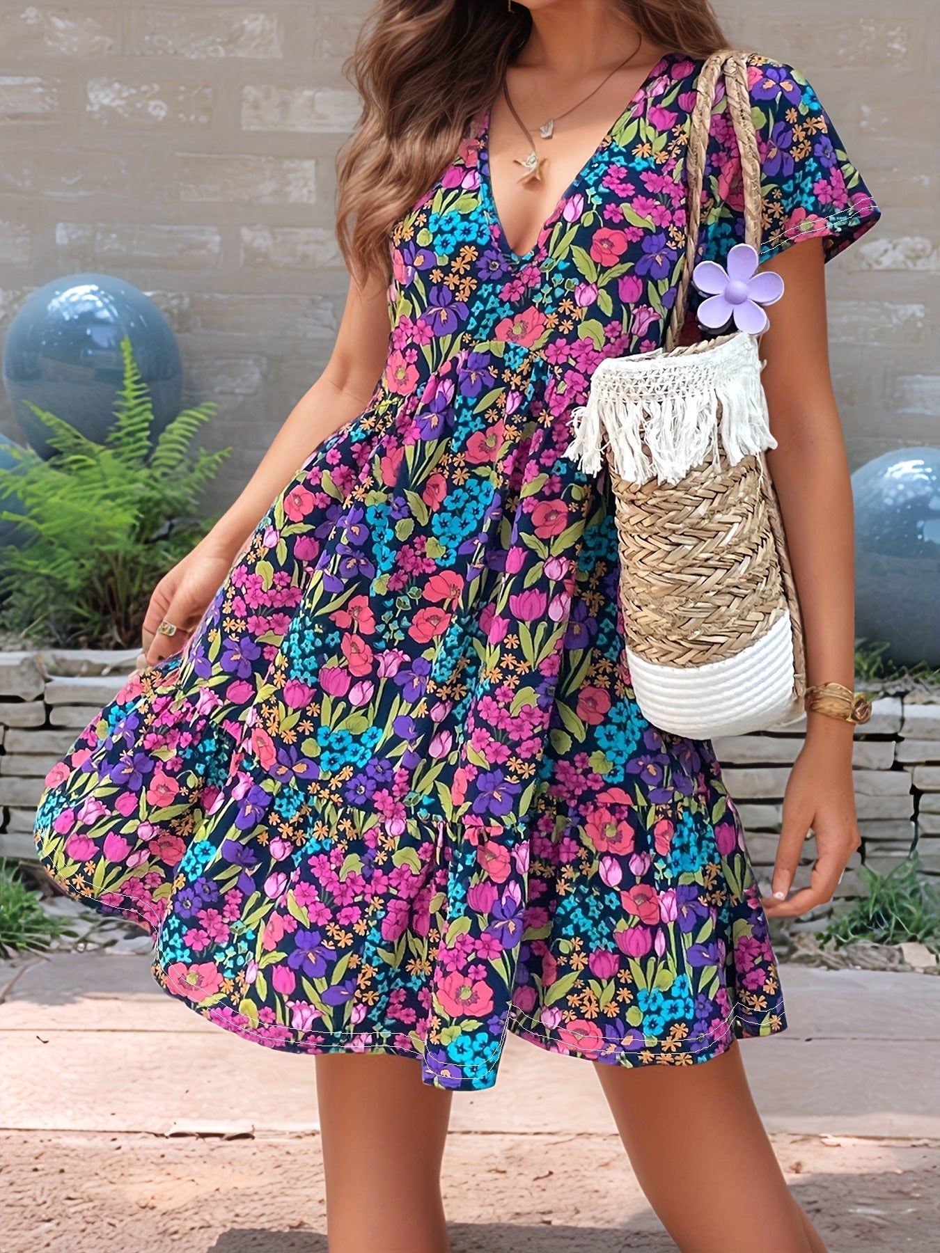 Comfortable Women's Printed Stitching Flower Short-sleeved Dress
