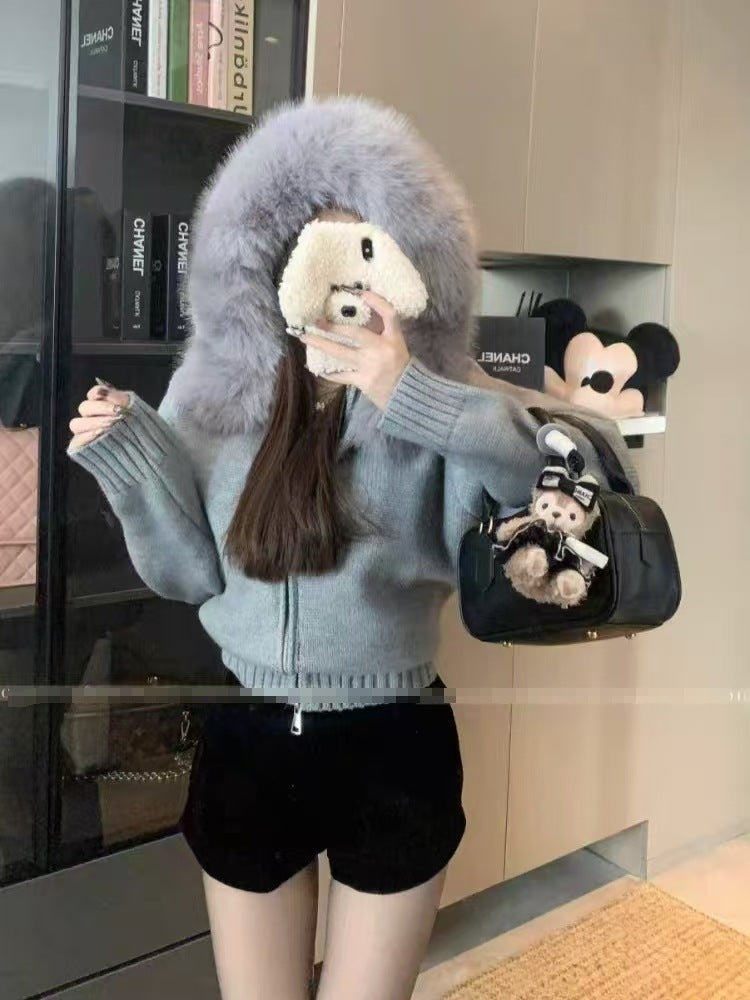 Women's Thickened Hooded Large Fur Collar Fashionable Women's Sweater