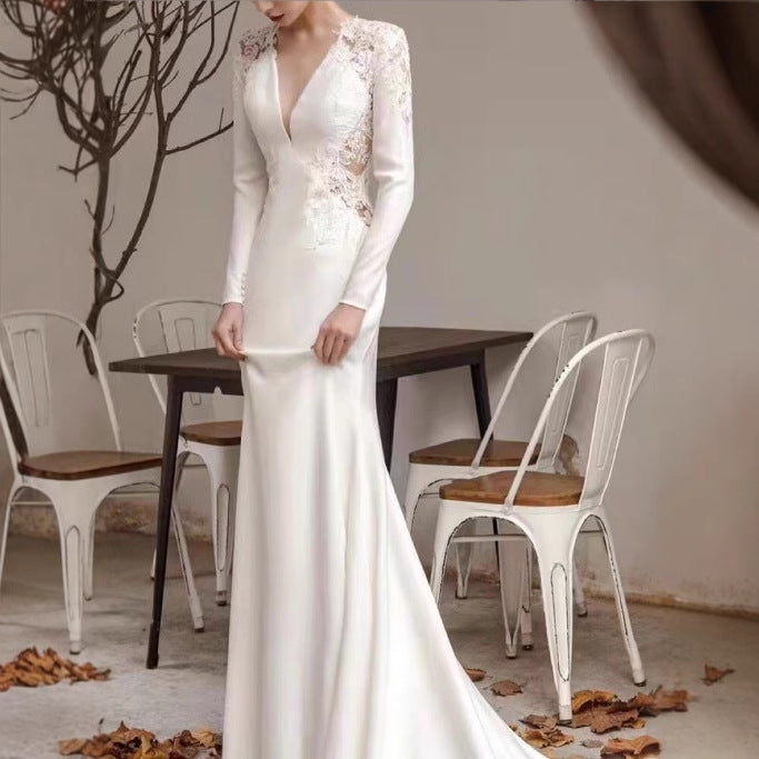 Neck Lace Long Sleeve Satin Slim Wedding Dresses