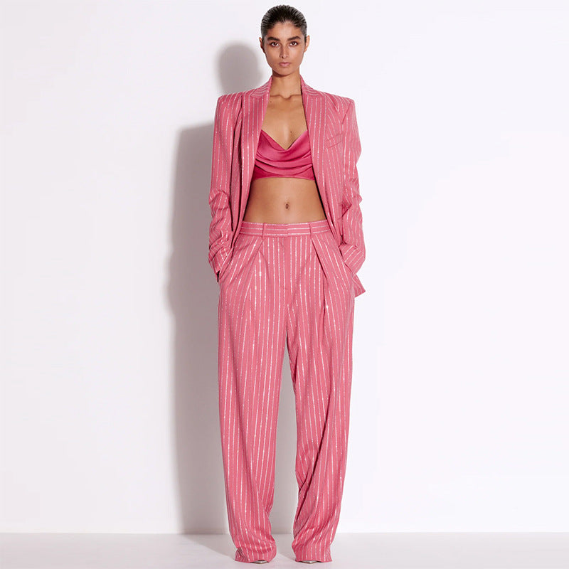 Cool Elegant Loose Rhinestone Trousers Two-piece Fashion Casual Suit