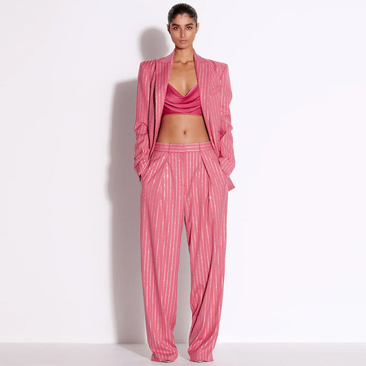 Cool Elegant Loose Rhinestone Trousers Two-piece Fashion Casual Suit