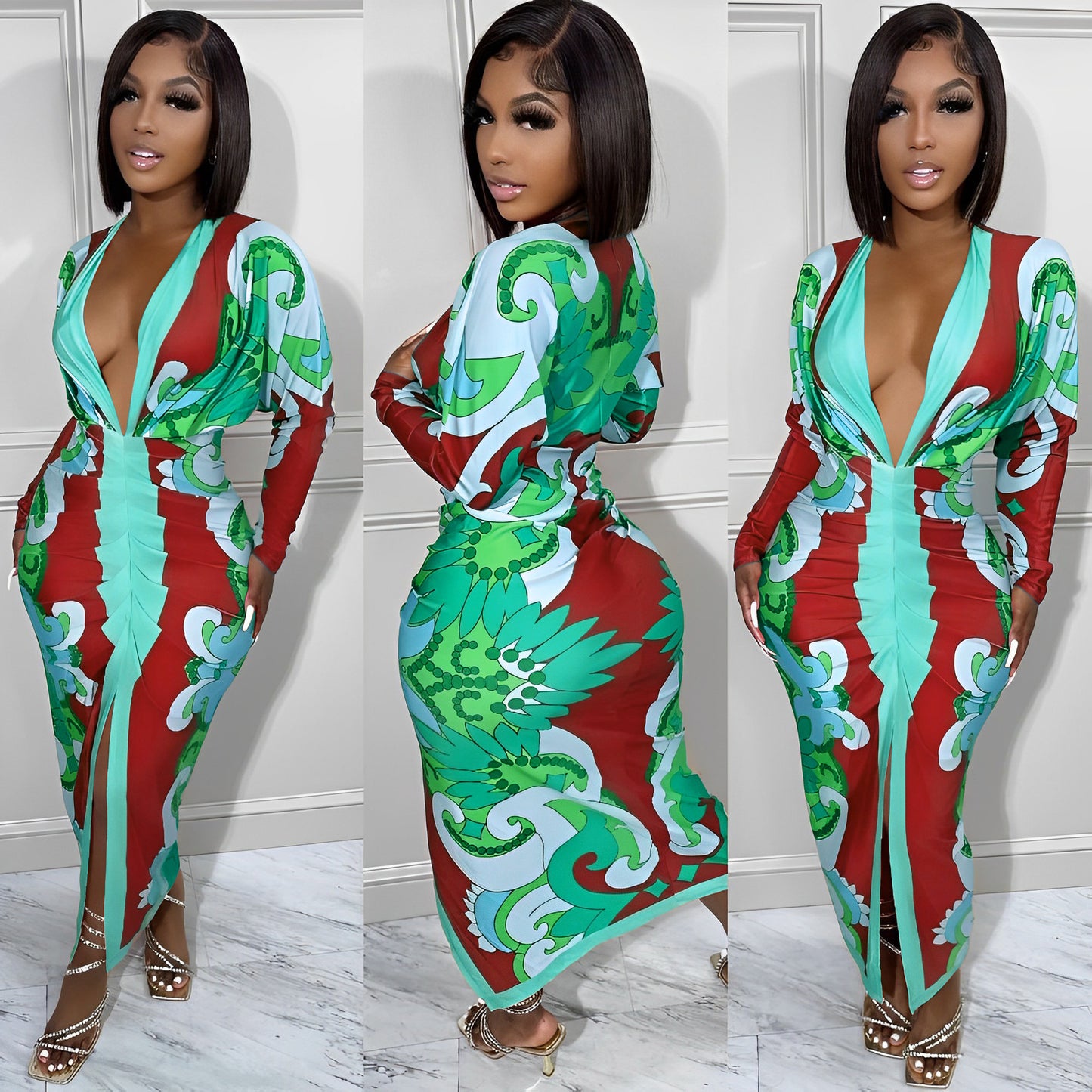 Striped Printed Long Sleeves Casual Sexy Dresses