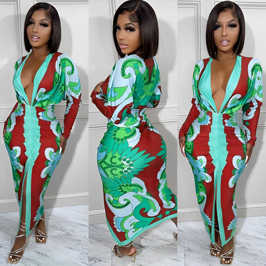 Striped Printed Long Sleeves Casual Sexy Dresses