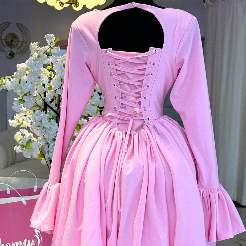 Women's Long Sleeve Tied Lace High Waist A- Dresses
