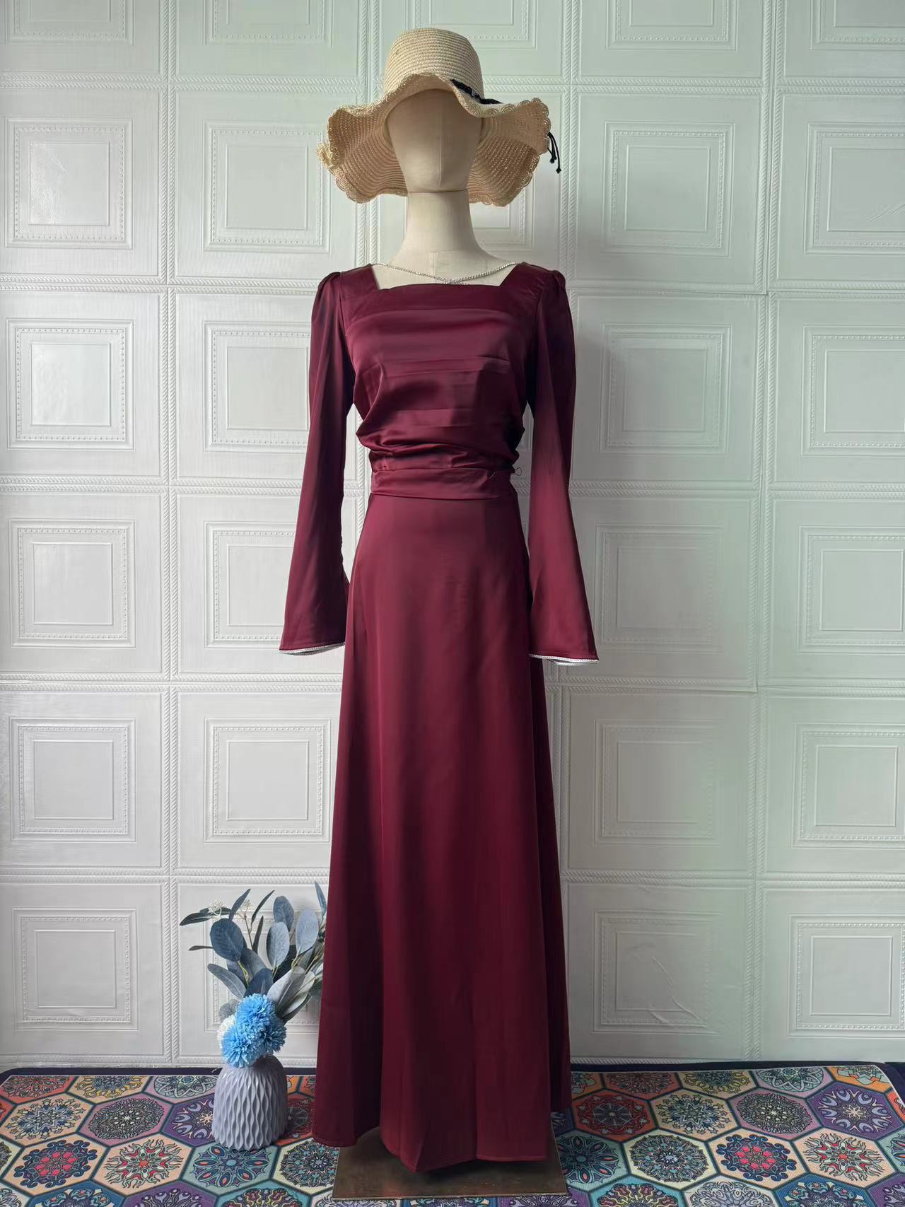 Women's Spring Design Diamond Tied Long Sleeves Satin Dresses