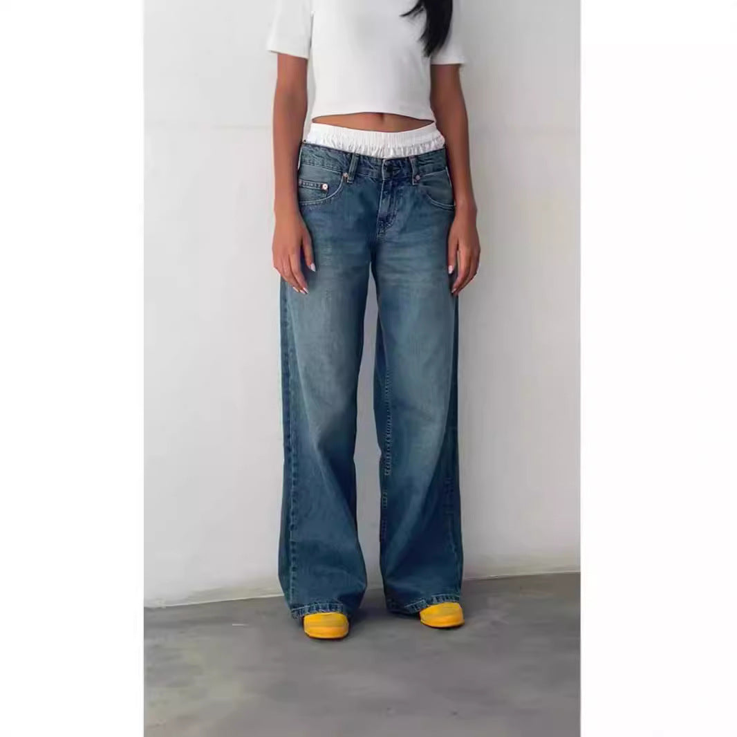 Women's Retro Low Waist Washed Straight Autumn Street Wide Leg Jeans