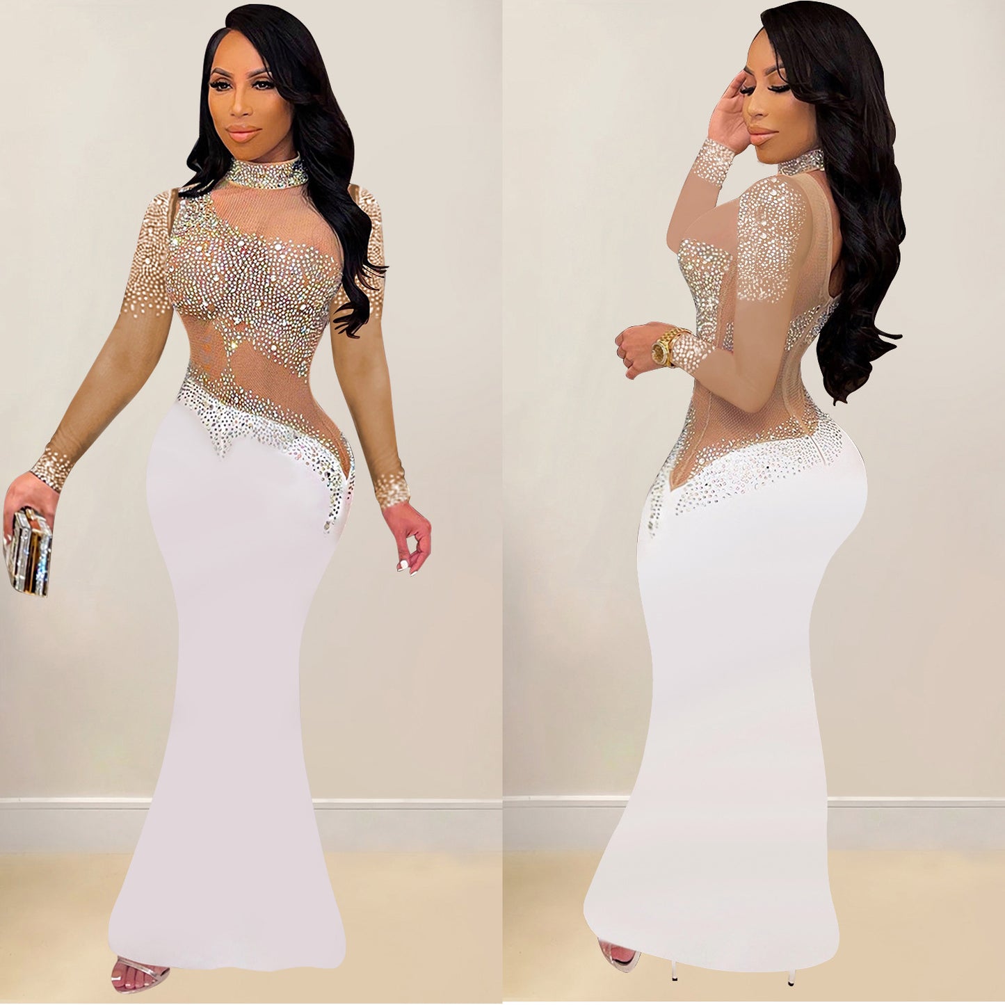 Women's Fashion Wear Rhinestone Round Neck Dress Dresses