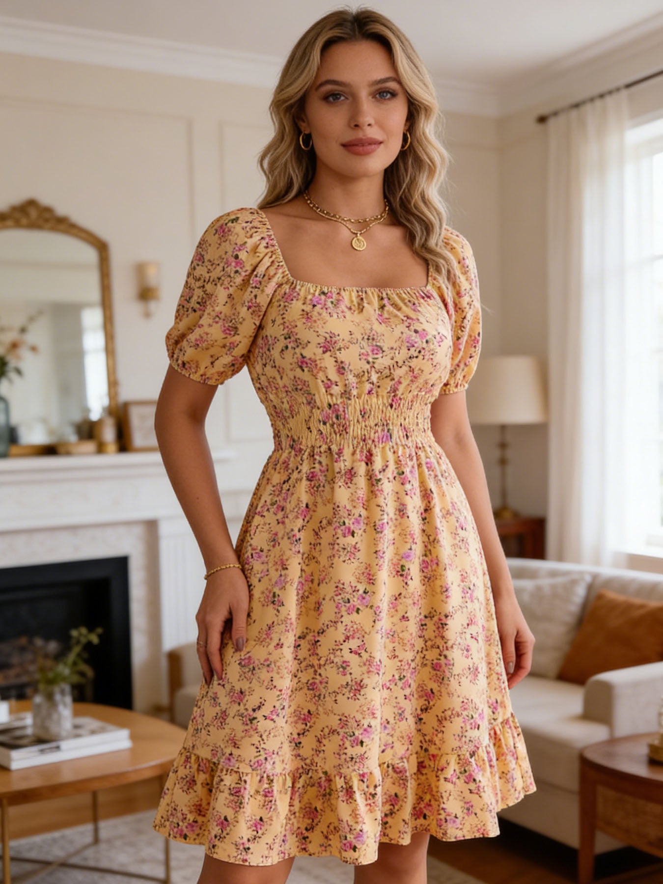Women's Floral Square Collar Sleeve Ruffled A- Skirts